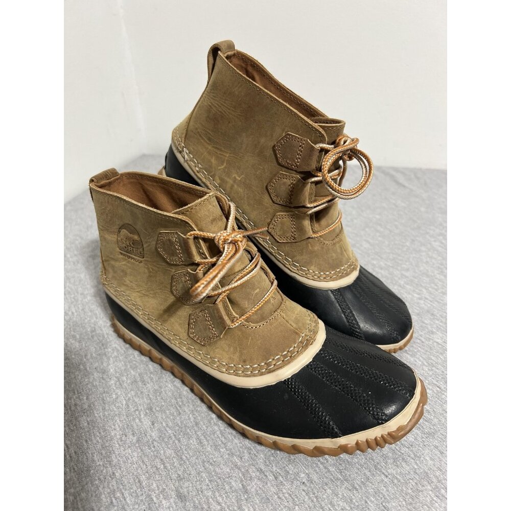 Sorel Out N About Leather Boots Womens Size 9 Brown Black Waterproof Duck Ankle - Picture 2 of 13